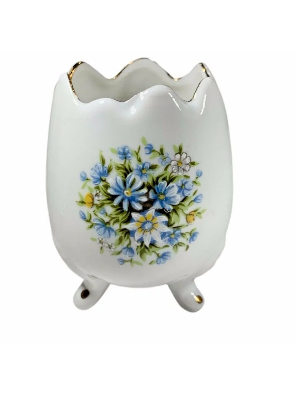 Vtg Cracked Egg Vase Footed Hand Painted Blue Floral Gold Trim Japan Ceramic